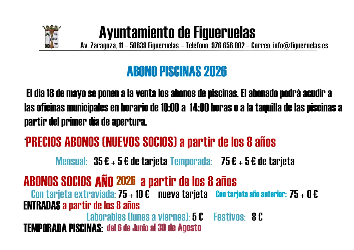 PRECIOS Y ABONOS PISCINAS 2026